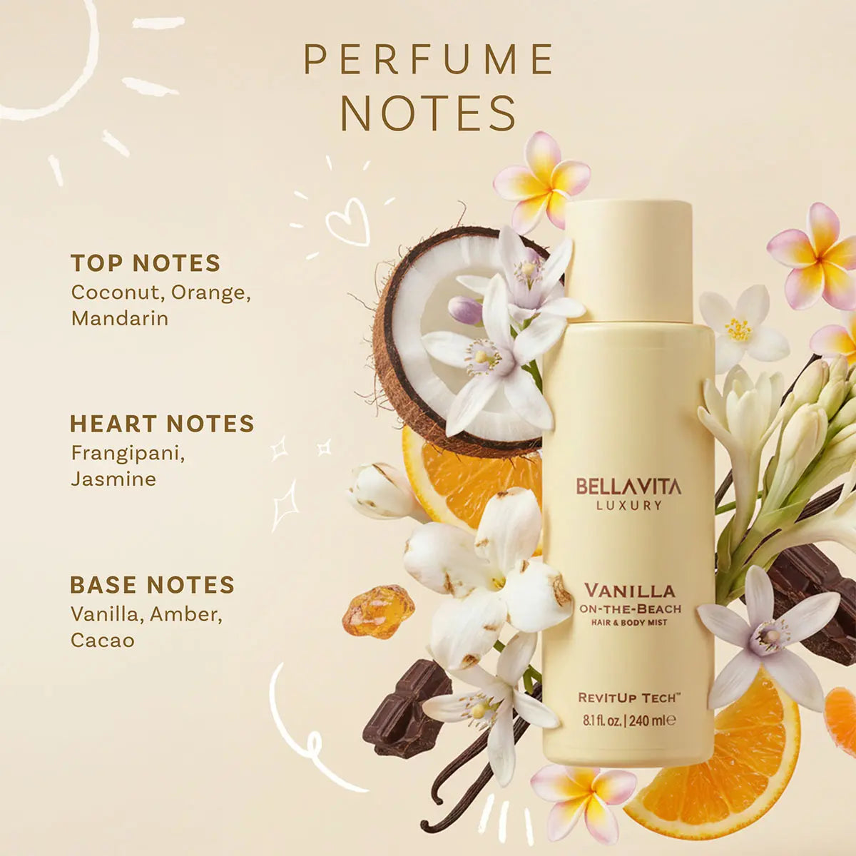 Vanilla-On-The-Beach by Bellavita Luxury | Warm Gourmand Hair & Body Mist | Water-Based | Alcohol-Free & Long-Lasting | Perfect for Layering | Lightweight and Non-Sticky Formula | Smell Sweet All Day | Long-Lasting Gourmand Freshness