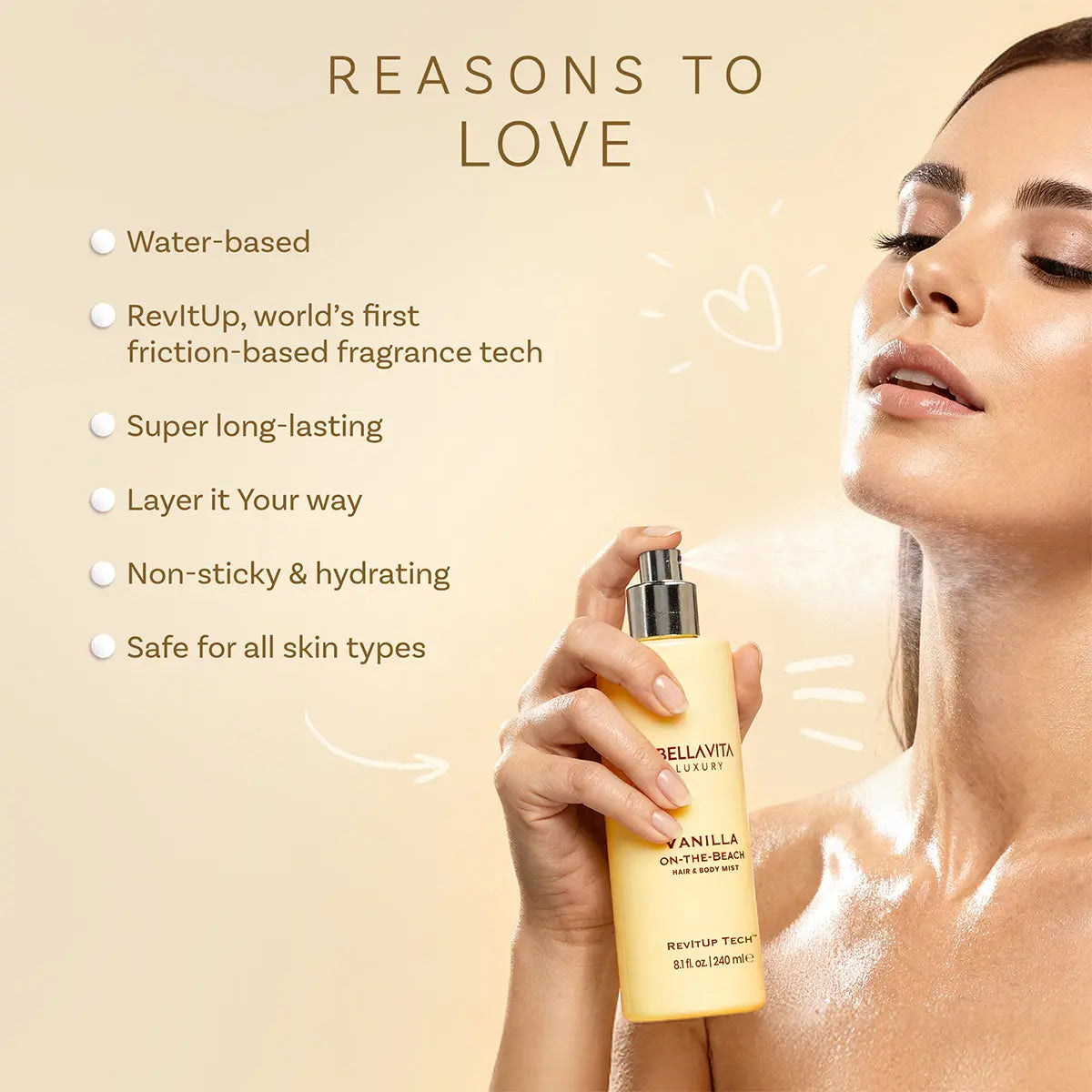 Vanilla-On-The-Beach by Bellavita Luxury | Warm Gourmand Hair & Body Mist | Water-Based | Alcohol-Free & Long-Lasting | Perfect for Layering | Lightweight and Non-Sticky Formula | Smell Sweet All Day | Long-Lasting Gourmand Freshness